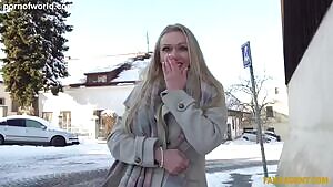 Blonde with big tits persuaded to show in the cold