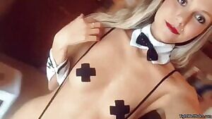 Blonde babe in stockings