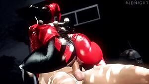 Harley riding Batman,