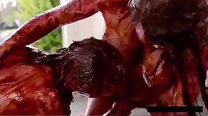 Chocolate slathered girl eats out another messy girl in throes of passion