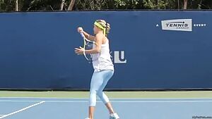 Eugenie Bouchard practicing in tight blue pants