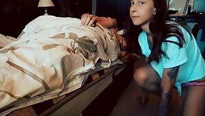 Hot girl secretly gives blowjob and gets cum on face and tongue