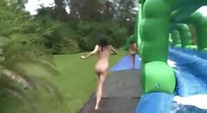 Naked, happy girls having fun