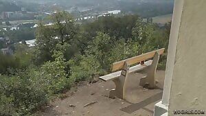 Drunk blonde with big boobs walking through the woods naked!