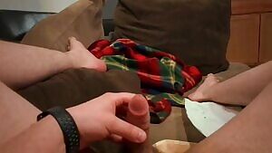 Thick white cum flowing down my semi-soft shaft.