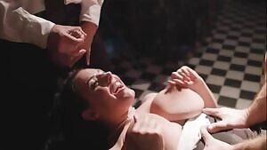 Taking a load on her face while getting pounded