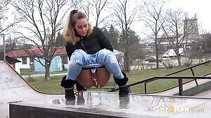 Naomi Bennet relieving her pee desperation in a skate park