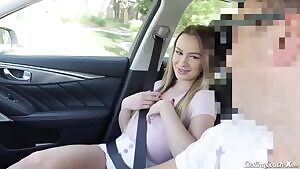 Groping her tiny tits and pussy in the car