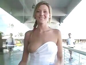 has her tit out as he walks past