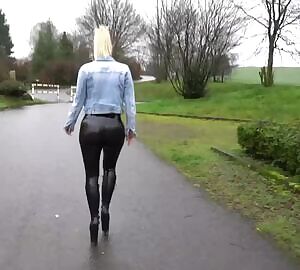 Lara cum kitten shiny outfit in public