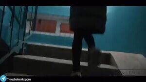 18 year old slut gets fucked on the stairs of the apartment