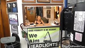 Petite blonde fucks a bunch of mechanics.