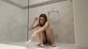 I PLAY IN THE SHOWER WITH A BIG DILDO AND CUMMING MILK OUT A FUCKED-UP ASS