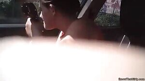 Hitchhiker let's him cop a feel next to a busy road after he gives her a ride