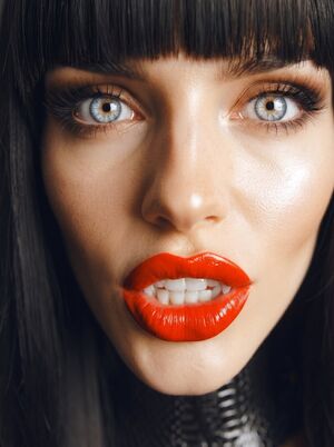 Makeup Fetish Bangs Brunette Leather Lipstick