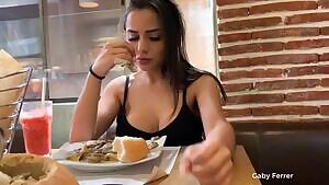 Pretty Girl At A Restaurant Tries Not To Moan With A Hidden Vibe.
