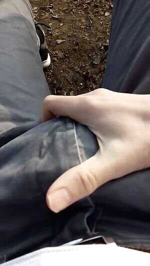 Touching my huge cock in a park