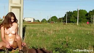 People walking around as she dildo's herself