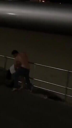 Couple having sex on the ocean promenade near garbage cans at night!