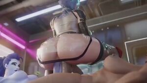 Bubble butt slut takes two huge dicks at once