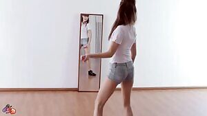 Practicing in front of the mirror.