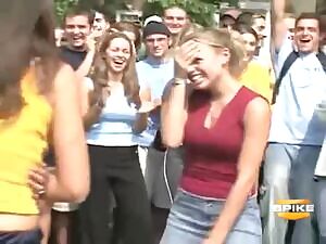 Playing strip lawn darts in public