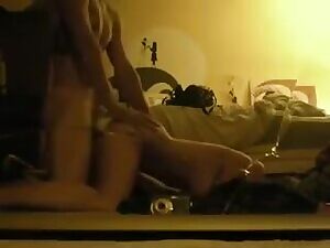 Teen couple bangs quietly on the floor, lots of hushed whispers and soft moaning :)