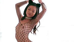 Petite teen tart in fishnet bodysuit and high heels, gets fucked hard.